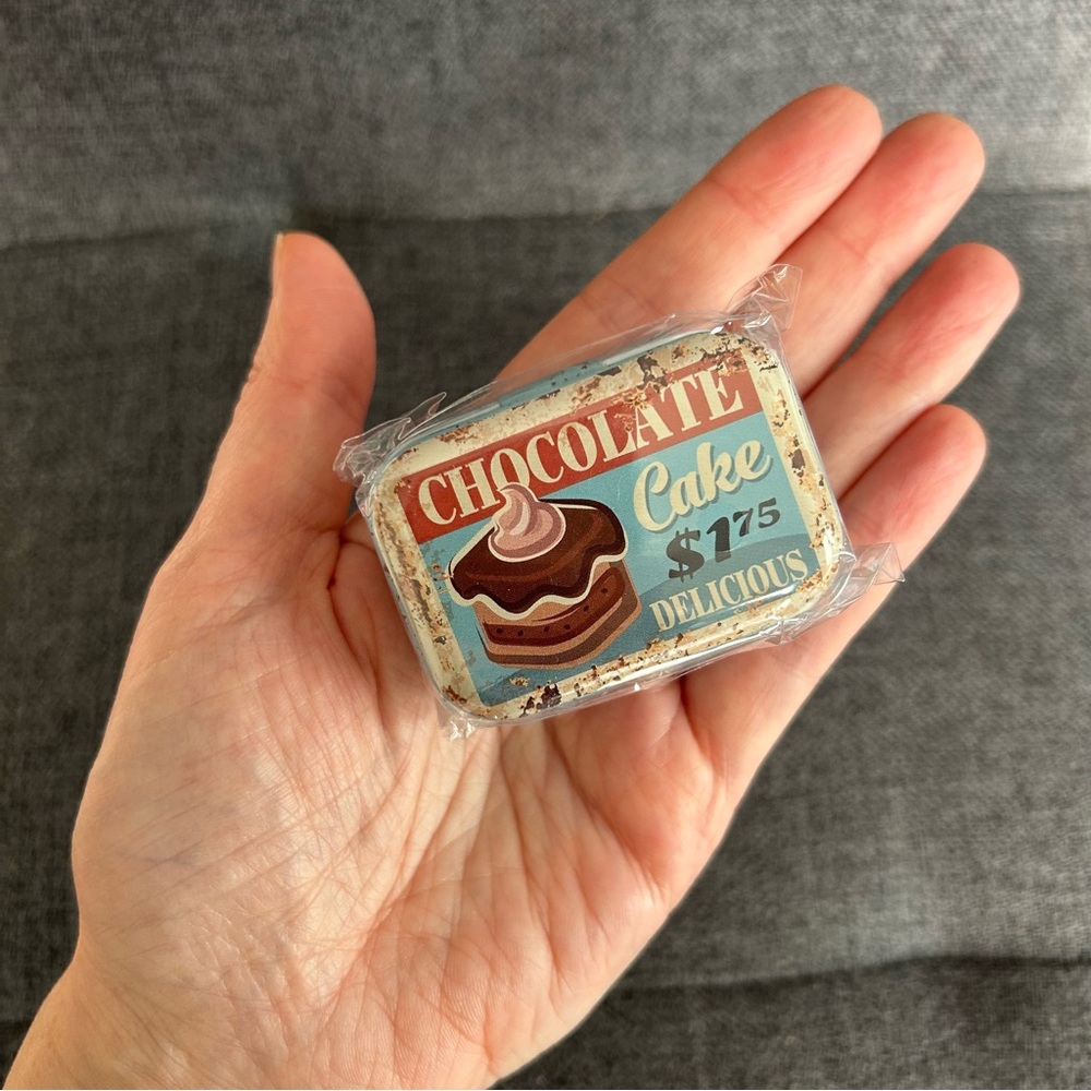 “CHOCOLATE Cake $1.75 DELICIOUS” Mini Travel Tin, Pill, Jewelry Gift Box, Blue - Picture 10 of 17